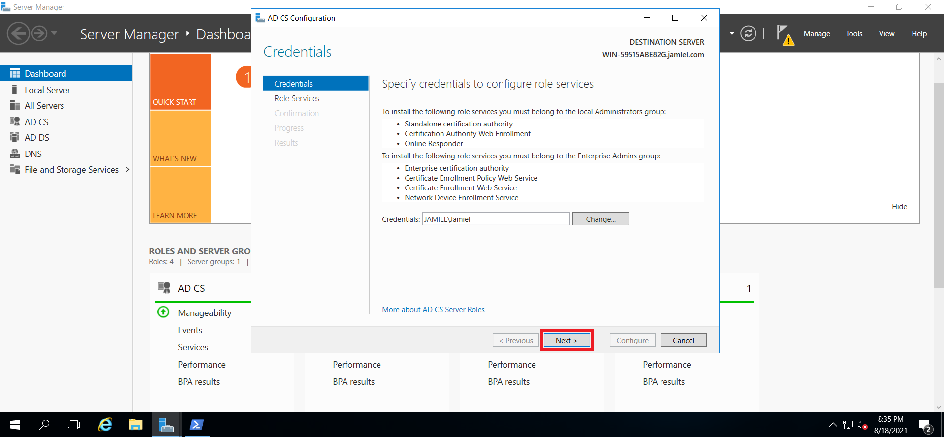 2 Habilitar Active Directory Certificate Authority APACHE AD ADAC